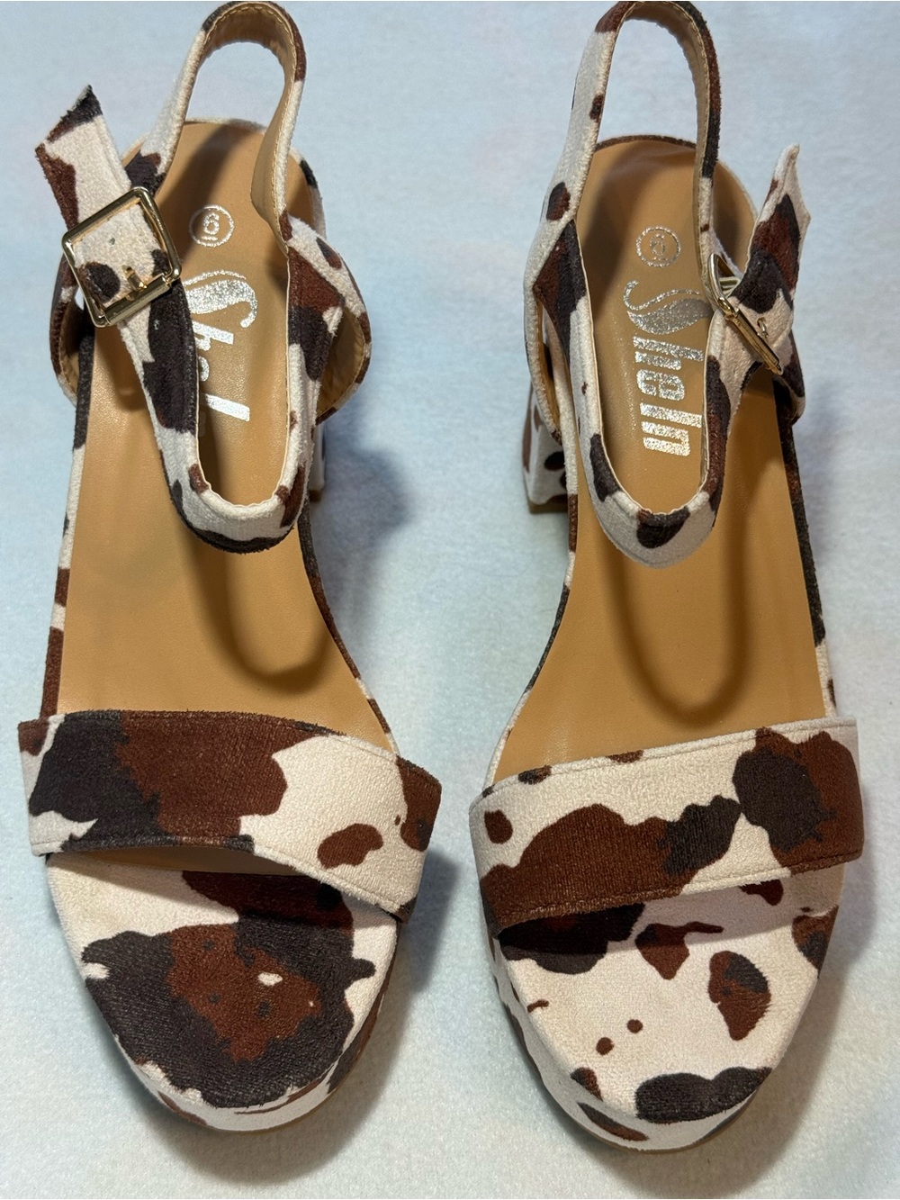 New SheIn Suedette Cow Print Platform Chunky Strap Heels. Size 6.
